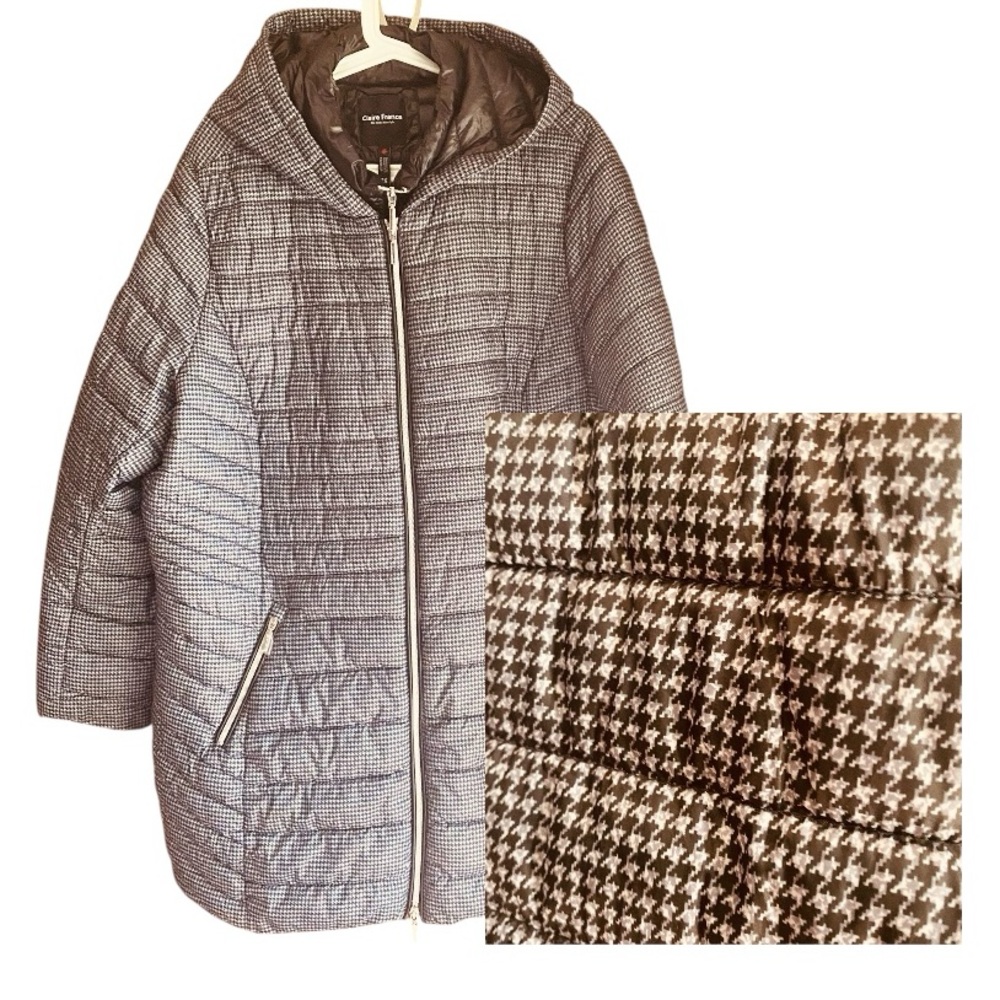 🇨🇦 Women's Back and White Houndstooth Hooded Puffer Coat by Claire France